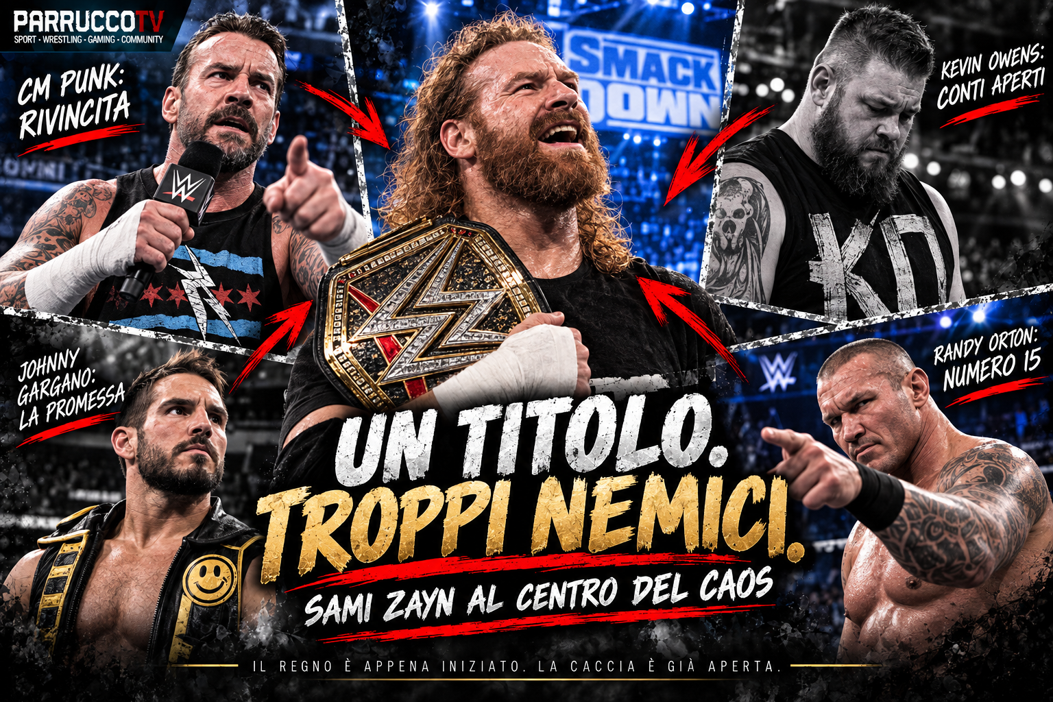 Sami Zayn campione WWE circondato da CM Punk, Kevin Owens, Johnny Gargano e Randy Orton