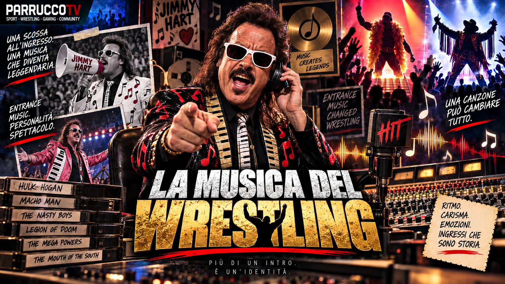 Jimmy Hart in studio mentre crea le musiche del wrestling