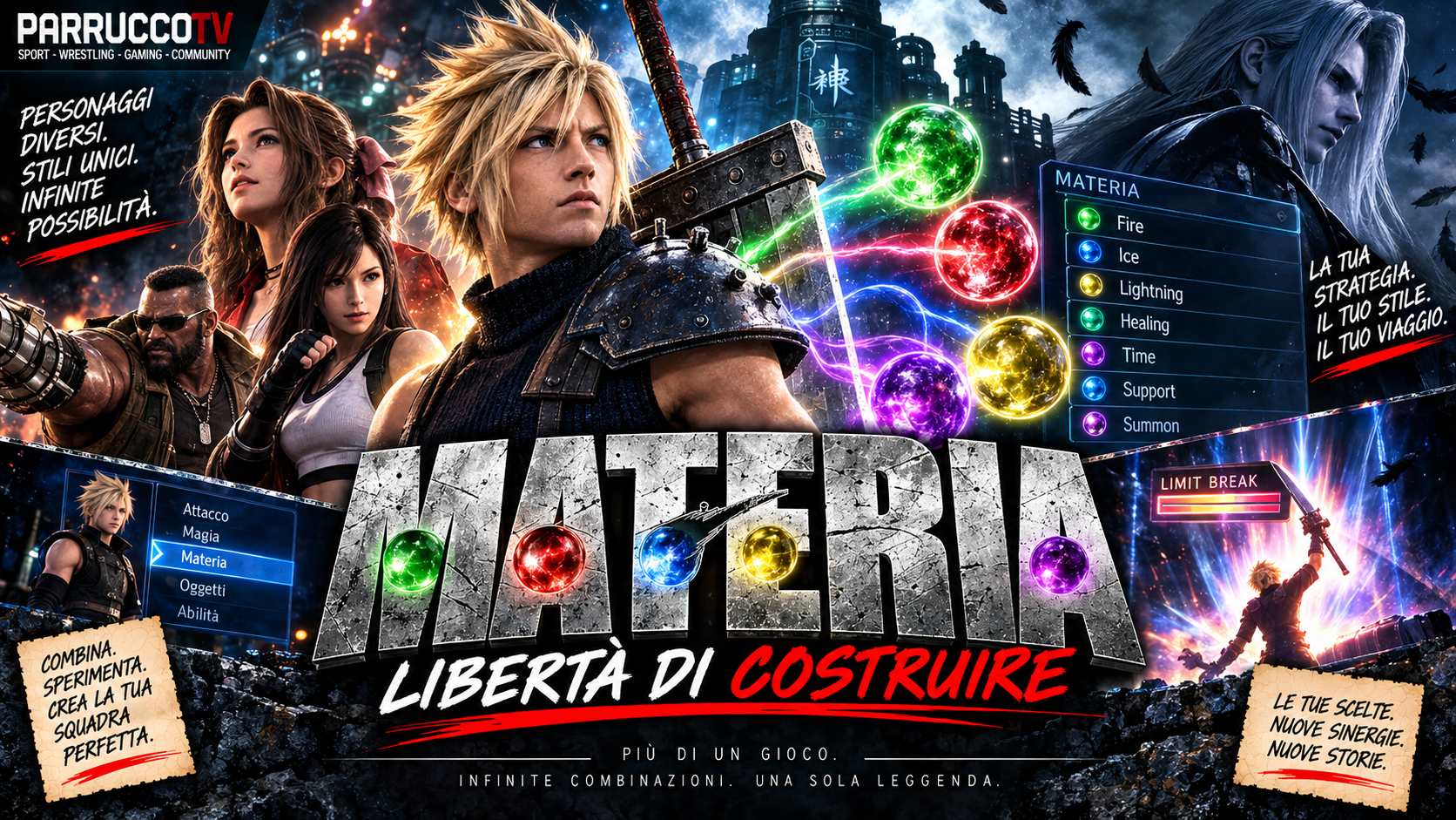 Cloud e il gruppo con le Materia durante una battaglia