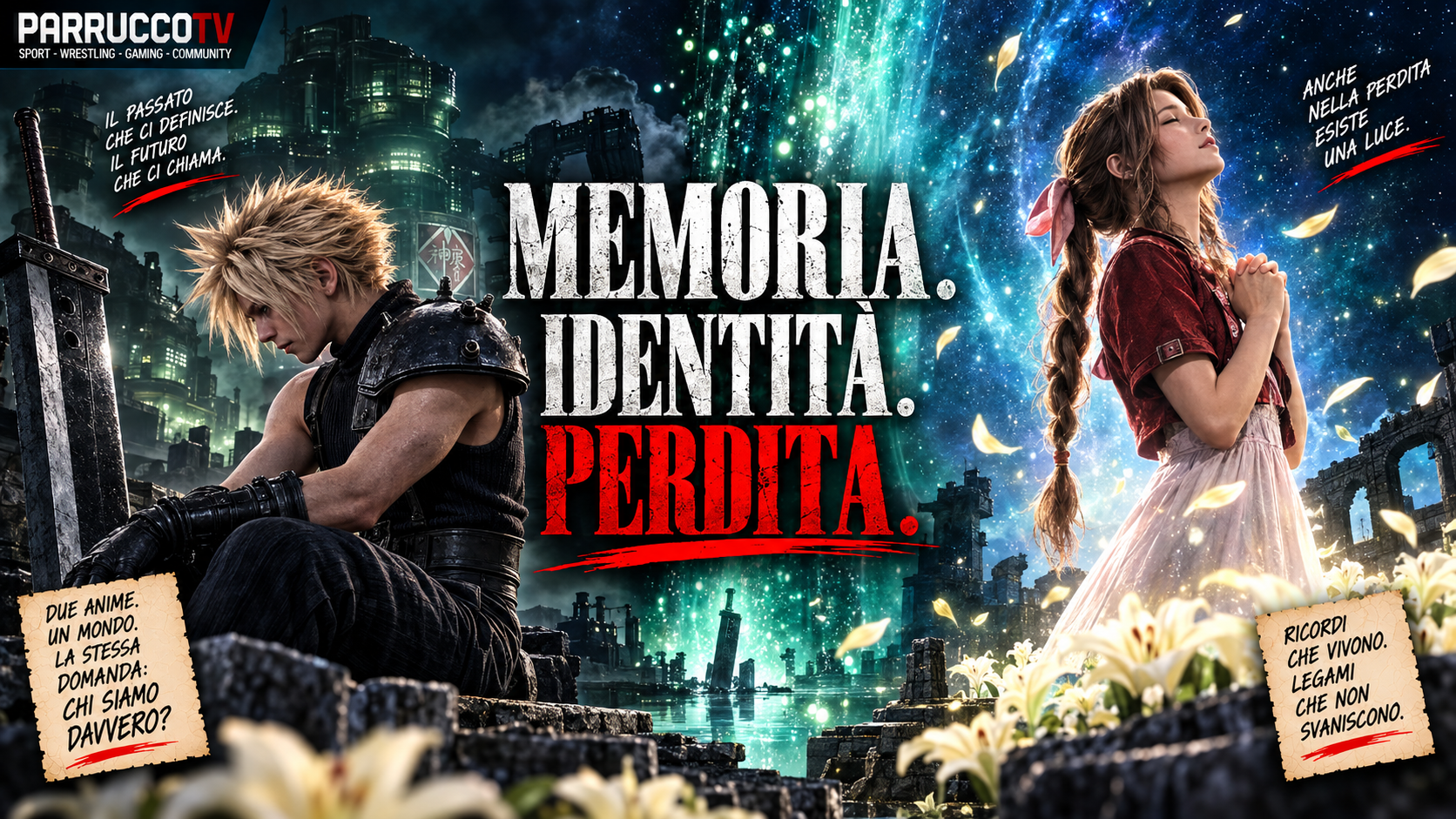 Cloud e Aerith separati dalla luce del Lifestream