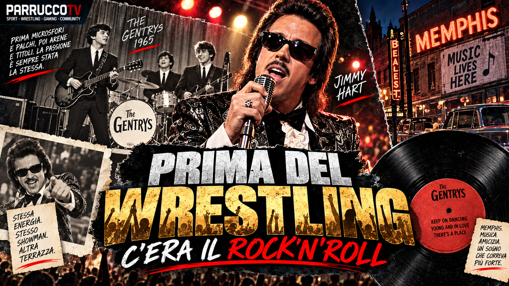 Jimmy Hart sul palco con i Gentrys prima della carriera nel wrestling