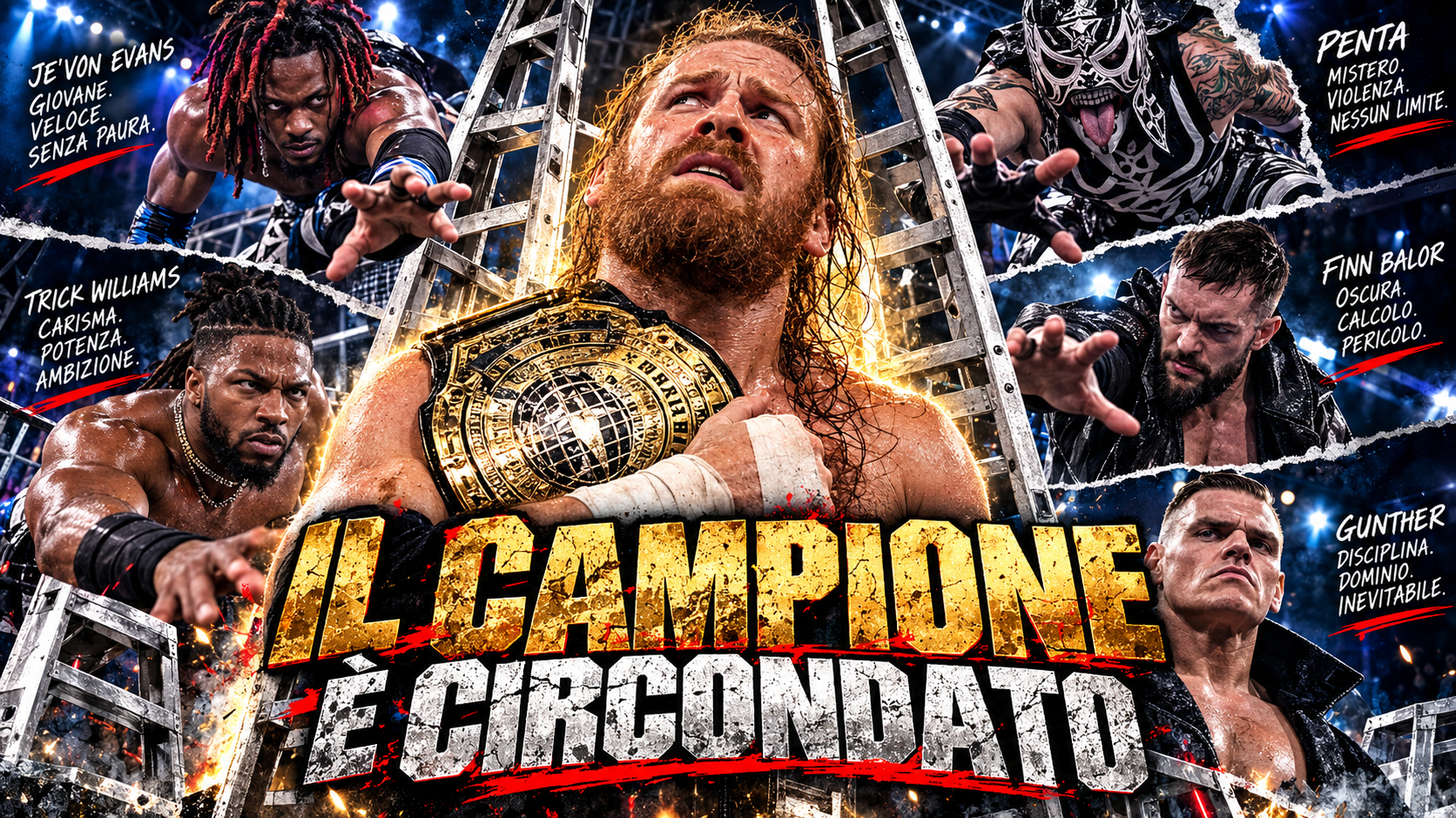 Sami Zayn circondato dai possibili sfidanti e dai protagonisti di Money in the Bank.